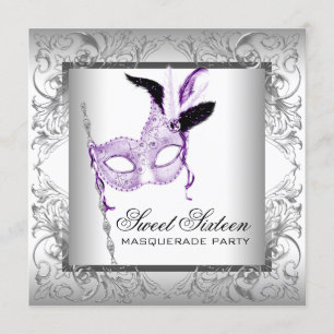 Invitation Fête de 16 ans masquée Lavande Argent Douce
