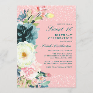 Invitation Fête de 16 ans Rose T sarcelle Crème Floral