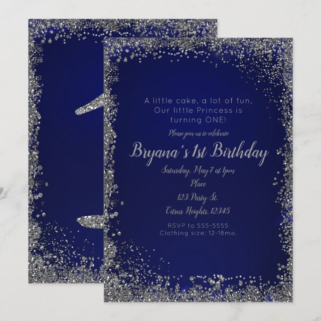 Invitation Fête de 1er anniversaire bleu royal argenté paille (Devant / Derrière)