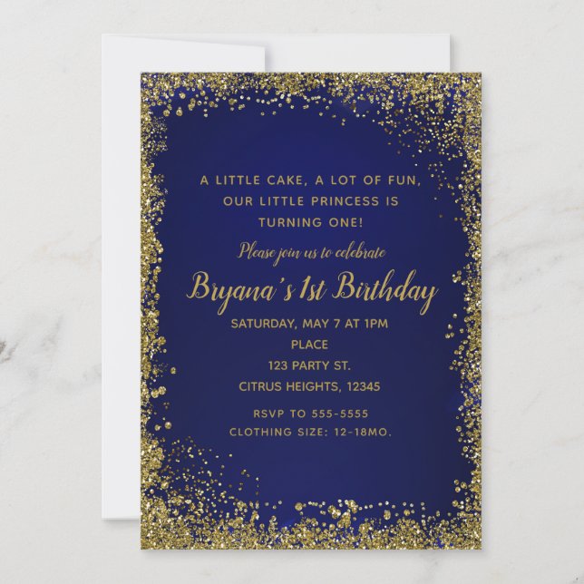 Invitation Fête de 1er anniversaire bleu royal et doré paille (Devant)