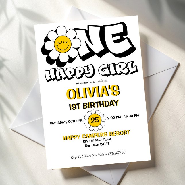 Invitation Fête de 1er anniversaire d'une fille heureuse (One happy girl retro daisy girls 1st birthday party invitation template cute black and white groovy)