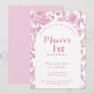 Invitation Fête de 1er anniversaire élégante rose chinoiserie
