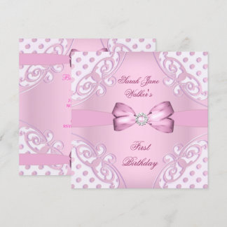 Invitation Fête de 1er anniversaire fille rose pois blanc
