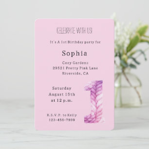 Invitation Fête de 1er anniversaire Rose Lavande Violet Cozy