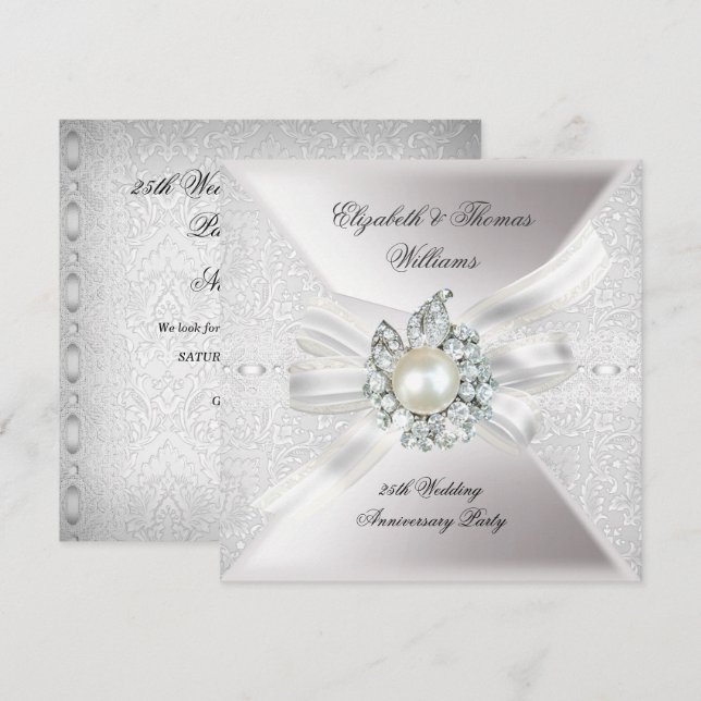 Invitation Fête de 25 ans de mariage en dentelle perle blanch (Devant / Derrière)