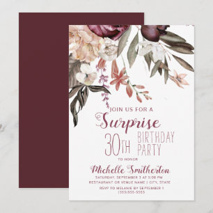 Invitation Fête de 30 ans vintage Bohème fleurs de Bourgogne