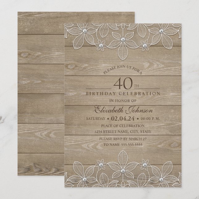 Invitation Fête de 40e anniversaire Rustic Wood Dentelle uniq (Devant / Derrière)