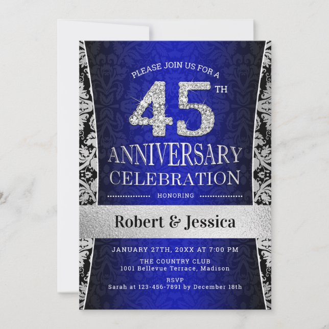 Invitation Fête de 45e anniversaire surprise - Bleu argenté (Devant)