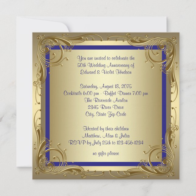 Invitation Fête de 50e anniversaire de mariage Bleu royal et  (Devant)