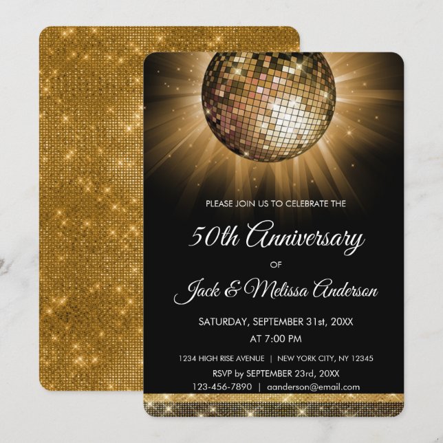 Invitation Fête de 50e anniversaire de mariage Boule disco or (Devant / Derrière)