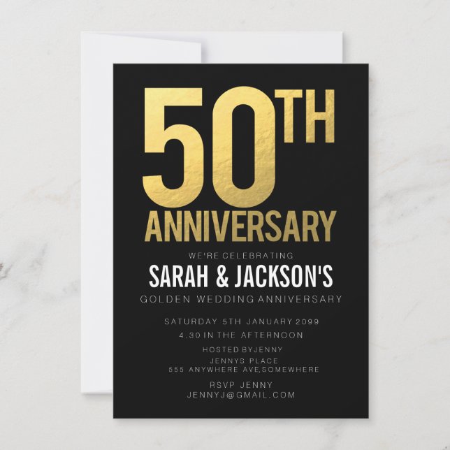 Invitation Fête de 50e anniversaire de mariage Noir & Or (Devant)
