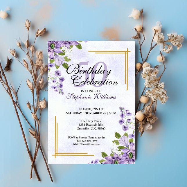Invitation Fête de 50e anniversaire féminine Classique floral (Créateur téléchargé)