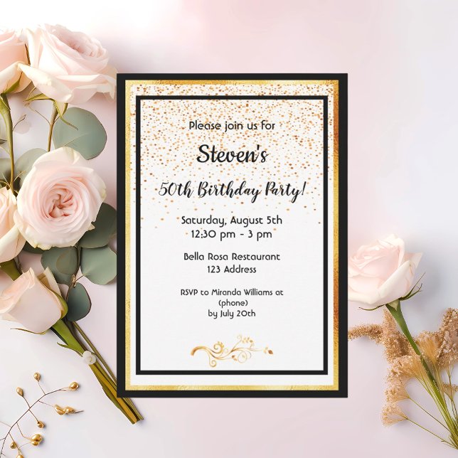 Invitation Fête de 50e anniversaire noir blanc et faux or (Créateur téléchargé)