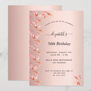 Invitation Fête de 50e anniversaire rose or rose florales feu