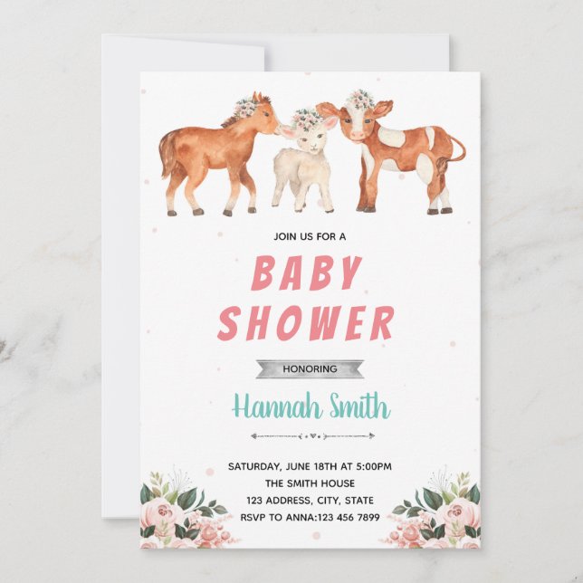 Invitation Fête de baby shower à la ferme vache cheval mouton (Devant)