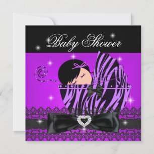 Invitation Fête de Baby Shower Fille Dentelle Violette Noire