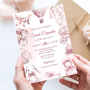 Invitation Fête de Baby Shower Fille Rose Toile De Jouy