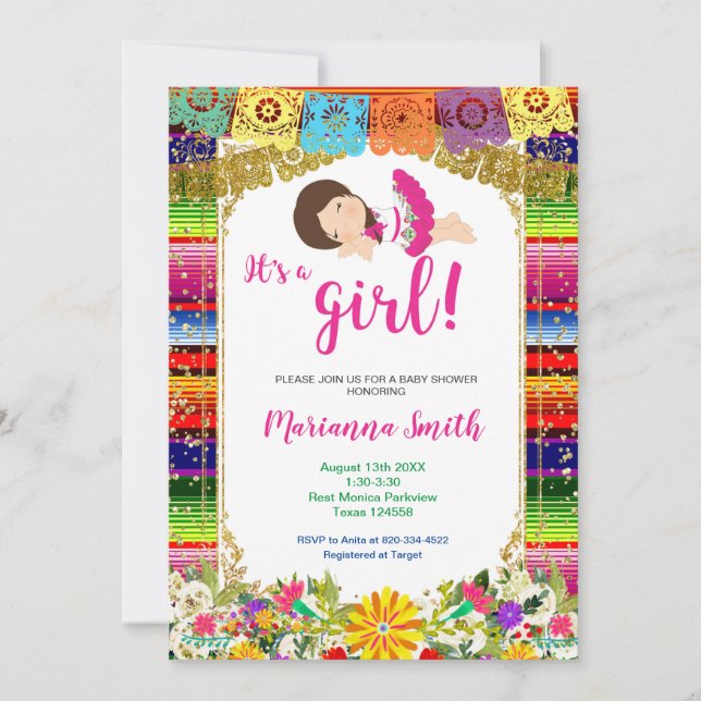 Invitation Fête de Baby Shower Fleurie Fille Mexicaine Coloré (Devant)