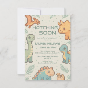 Invitation Fête de baby shower Garçon Dinosaure Pixelisé Vert