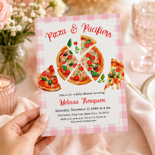 Invitation Fête de Baby Shower Rose à Carreaux et Pizza avec