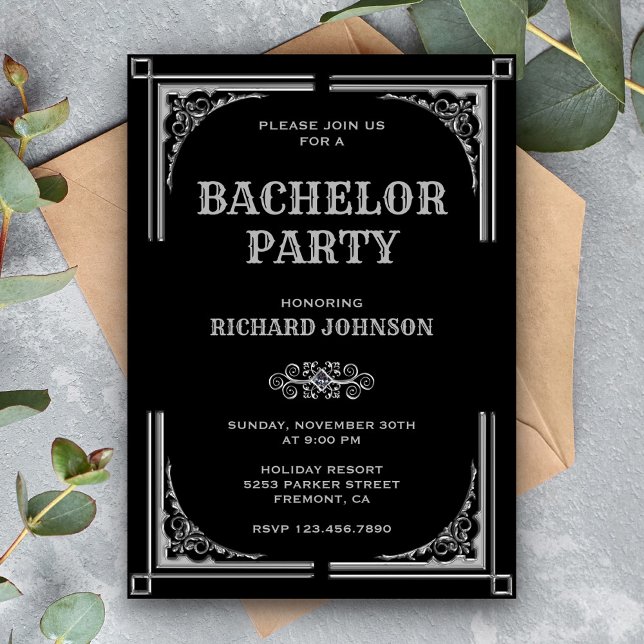 Invitation Fête de Bachelor Art Déco Argent Noir (Créateur téléchargé)