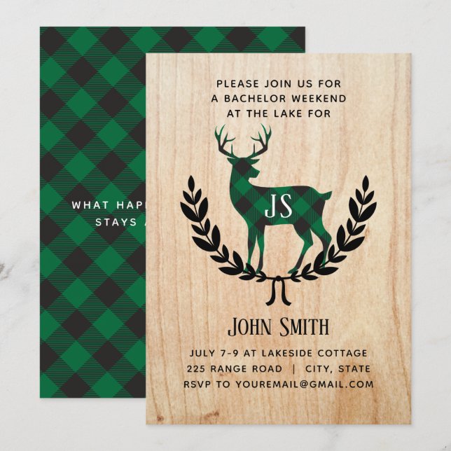 Invitation Fête de Bachelor avec Monogramme de Cerf à Carreau (Devant / Derrière)
