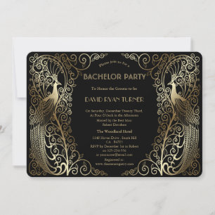 Invitation Fête de Bachelor Paons Art Déco Glam Gold