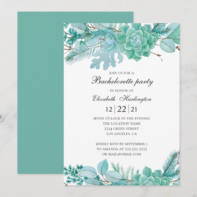 Invitation Fête de bachelorette à la menthe. Aquarelle succul (Devant / Derrière)