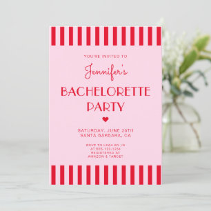 Invitation Fête de Bachelorette à rayures rouges et roses rét
