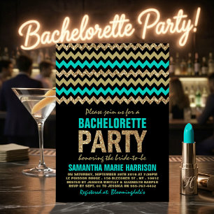 Invitation Fête de Bachelorette Chevron Turquoise et Paillett