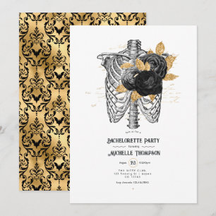 Invitation Fête de Bachelorette Florale Gothique Noir et Or