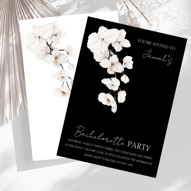 Invitation Fête de Bachelorette moderne Black White Orchidées (Modern Black and White Orchids Flowers Bachelorette Party Wedding Invitation)