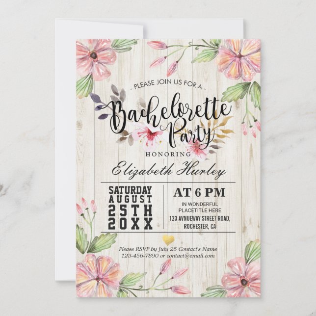 Invitation Fête de Bachelorette moderne Fleurs roses Bois rus (Devant)
