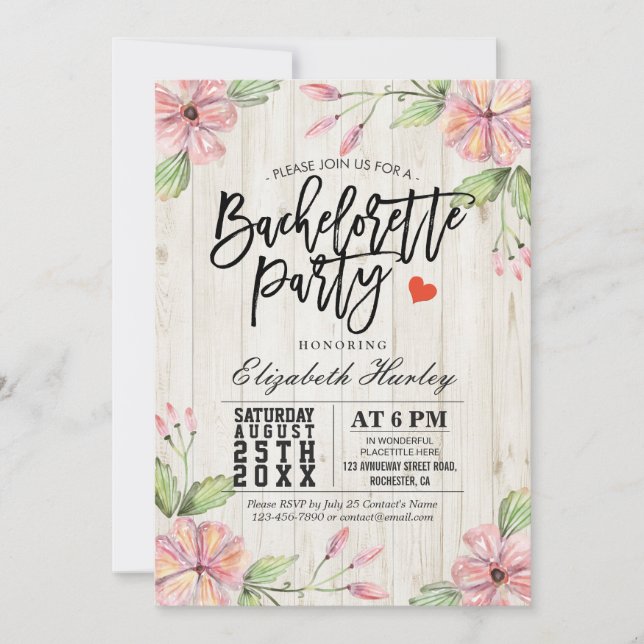 Invitation Fête de Bachelorette moderne Fleurs roses Bois rus (Devant)