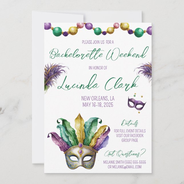 Invitation Fête de Bachelorette sur le thème de Mardi Gras (Devant)