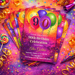 Invitation Fête de ballon de confettis pour 90e anniversaire