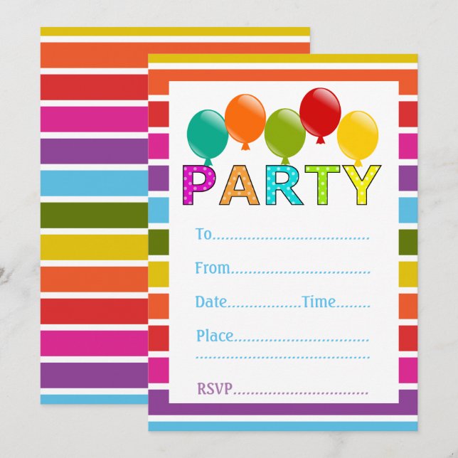 Invitation Fête de ballon multicolore générique (Devant / Derrière)