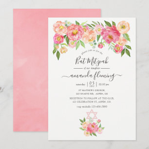 Invitation Fête de Bar Mitzvah aux pivoines aquarelles rose p