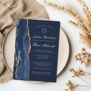 Invitation Fête de Bar Mitzvah Chic Bleu Foncé Agate Dorée