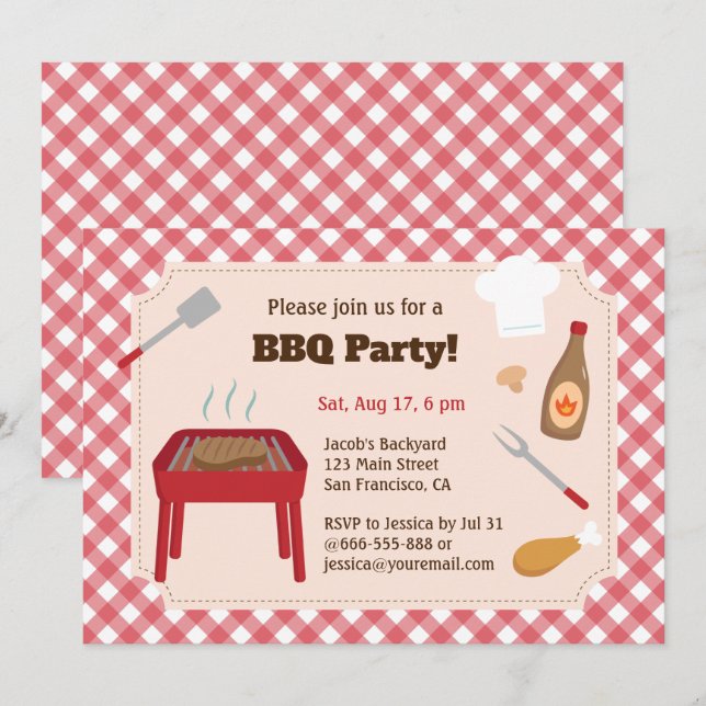 Invitation Fête de barbecue dans la cour arrière motif carrea (Devant / Derrière)