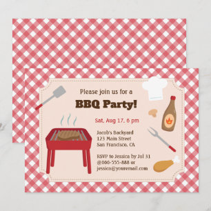 Invitation Fête de barbecue dans la cour motif carreaux rouge