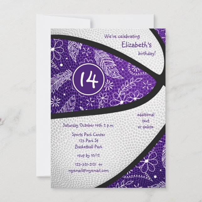 Invitation fête de basketball fille sport bohème blanc violet (Devant)