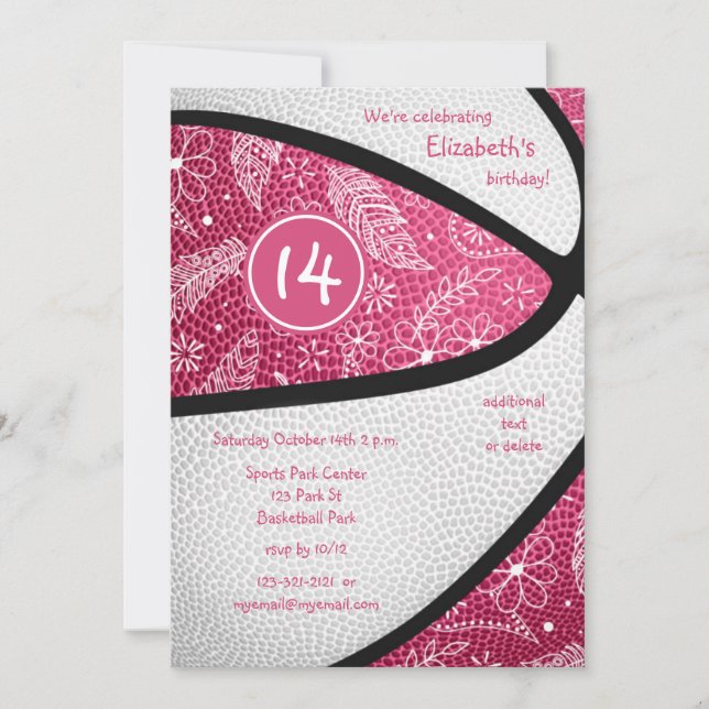 Invitation fête de basketball rose blanc fleuri (Devant)