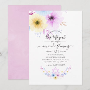 Invitation Fête de Bat Mitzvah Fleurs pastel rose et bleu