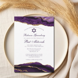 Invitation Fête de Bat Mitzvah Glamour Violet Or Élégant