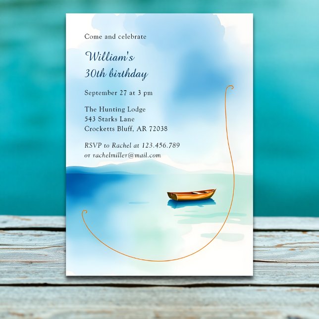 Invitation Fête de bateau minimaliste pour Lui Lac Anniversai (Watercolor Lake Birthday Invitation – Minimalist Boat Party for Him)