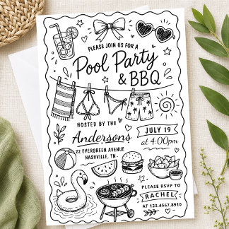 Invitation Fête de BBQ dans la cour arrière Eté Dessin à la m