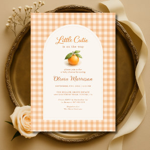 Invitation Fête de bébé à carreaux orange Little Cutie