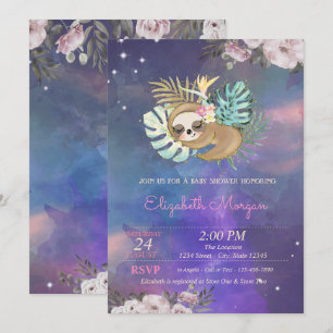 Invitation Fête de bébé à l'aquarelle florale de paresseux en