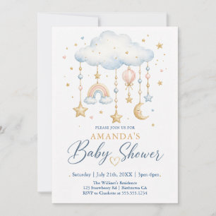 Invitation Fête de Bébé à l'Aquarelle Nuage Lune Arc-en-Ciel
